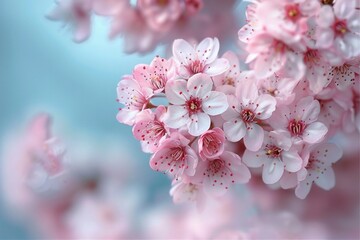 Obraz premium Close-up of pink cherry blossoms in full bloom against a soft blue background