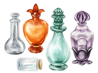 Vintage glass universal bottle with glass stopper. Watercolor illustration for template design of vase, liqueur, amaretto, perfume, oil, liquid, aromatherapy, drinks, alcohol, alchemy, magic, cooking.