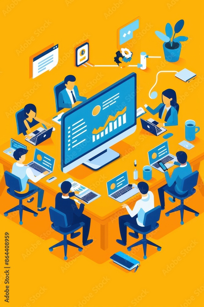 Aufkleber Business team in a meeting room analyzing data on a large screen. Concept of teamwork, data analysis, and corporate strategy.