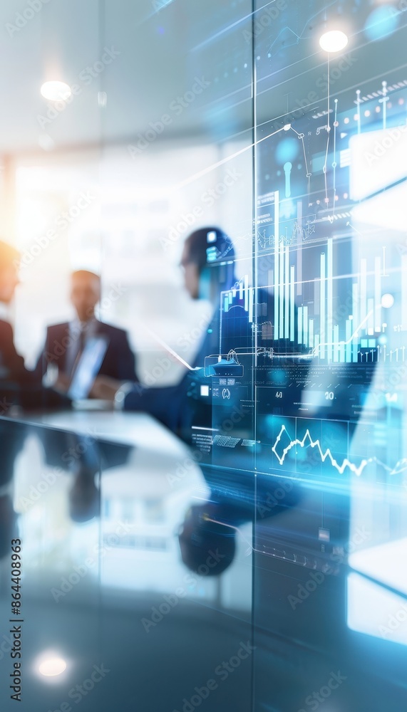 Poster business professionals discussing market trends with digital graphs overlay in a modern office setti