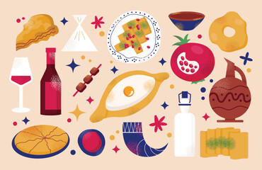 Georgian national dishes. Menu in a Georgian restaurant. Khachapuri, khinkali, dumplings, wine, pomegranate, dish. Classic dishes for lunch and dinner. Vector illustration isolated on background