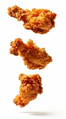 Fried chicken pieces floating against a white background. Fast food and culinary concept