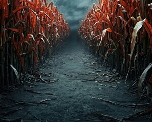 A mysterious and eerie pathway through a dark, desolate field of red corn stalks under an ominous sky, invoking a sense of suspense and foreboding.