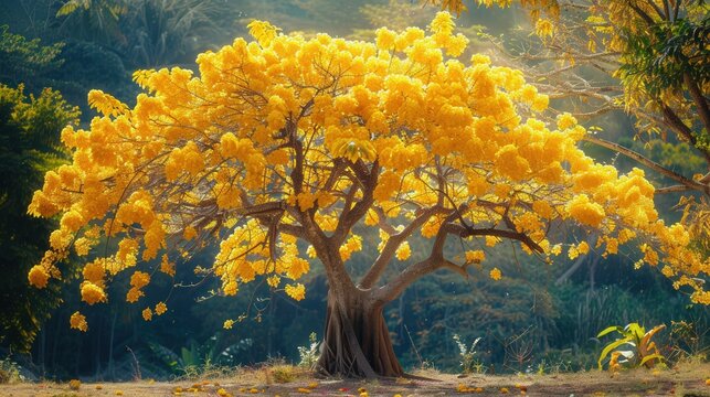 Elegant scene of a golden shower tree (Ratchaphruek) in full bloom, with cascading yellow flowers, Thailand's national tree, representing unity and prosperity