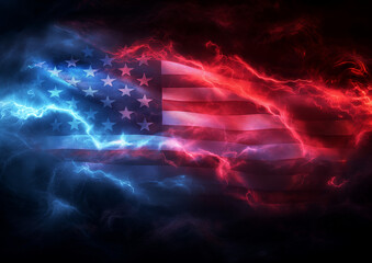 USA flag shrouded in light and smoke