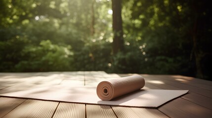 A peaceful outdoor setting with a rolled yoga mat on a wooden deck, surrounded by lush greenery.
