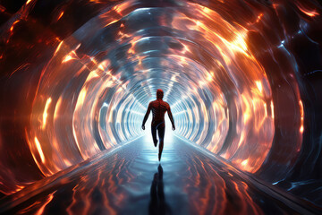 The shiny endless tunnel with human figure inside. Rebirth, out of body experience concept.