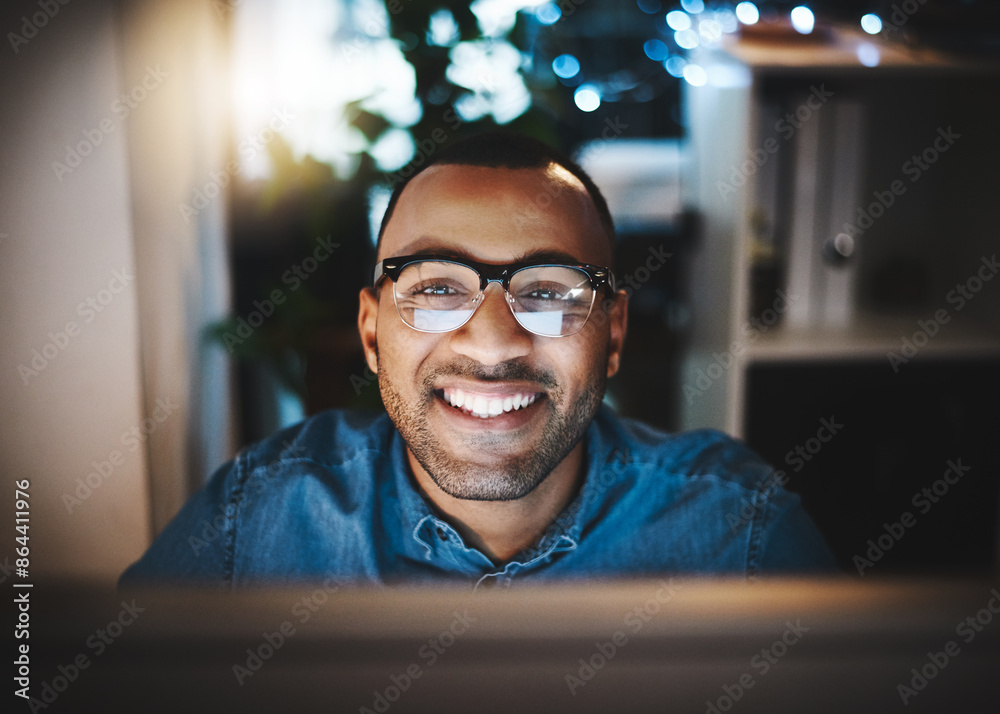 Poster Black man, glasses and portrait on computer in home for remote work as IT specialist or consultant and freelancer. Employee, small business and happy or proud with website design and development