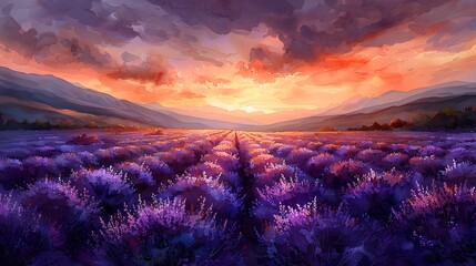 Fototapeta premium A watercolor painting of vast lavender fields at sunset, the sky painted in shades of orange and pink, rows of blooming lavender stretching to the horizon, gentle rolling hills in the background.