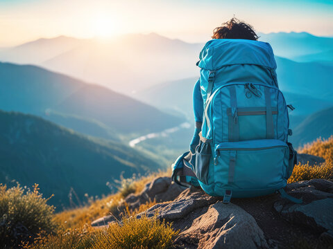 A huge tourist backpack on mountains background.