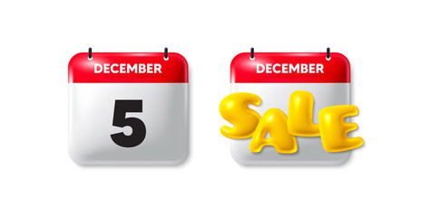Calendar date sale 3d icon. 5th day of the month icon. Event schedule date. Meeting appointment time. 5th day calendar message. Save the date 3d banner. Day or Month of sales. Vector