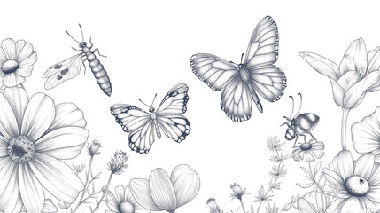 Butterflies and Bugs - Various summer insects like butterflies, ladybugs, and dragonflies, summer, coloring page, hd, nature with copy space