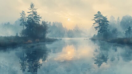 Fototapeta premium A watercolor scene of a marshland shrouded in morning fog, the mist creating a dreamy atmosphere, distant trees barely visible, the water still and reflective, a serene and tranquil environment.