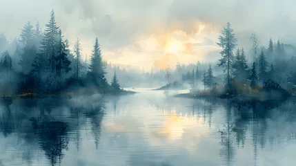 A watercolor scene of a marshland shrouded in morning fog, the mist creating a dreamy atmosphere, distant trees barely visible, the water still and reflective, a serene and tranquil environment.