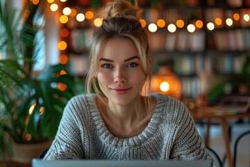 Obraz premium Young Asian Woman Using Red Laptop at Desk in Cozy Indoor Setting with Bookshelves and String Lights, Wearing Yellow Sweater