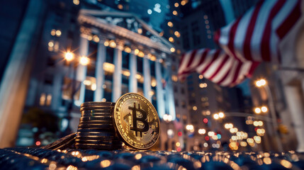 United States crypto assets. Crypto currency, gold bitcoin, BTC, close-up. Bitcoin coins on black background. Legalization of cryptocurrencies.