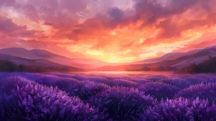 A watercolor scene of vast lavender fields under a golden sunset sky, rows of purple flowers under a vibrant orange and pink sky, gentle hills in the background, a serene and tranquil atmosphere.