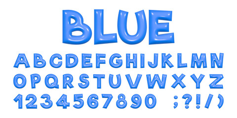 Blue playful alphabet in Y2K style. 3D rendering of plump letters, plastic glossy reflective texture. Vector illustration.