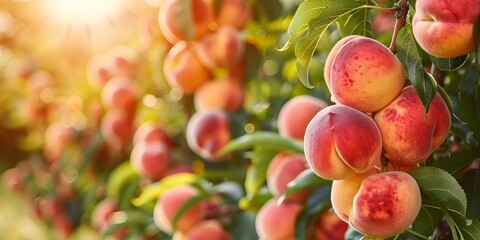 Peaches growing in a rural orchard. Concept Rural Orchards, Fruit Harvest, Summer Agriculture, Fresh Peaches, Farm Life