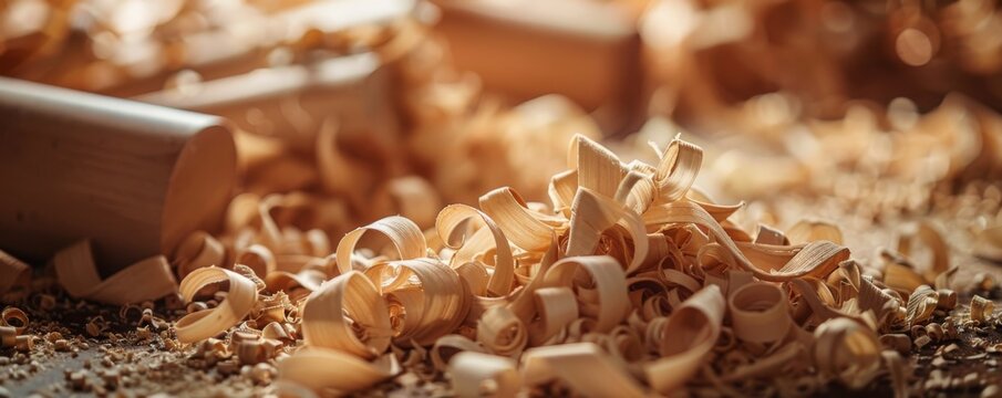 Wood shavings on workbench in carpentry workshop, close-up. Craftsmanship and woodworking concept