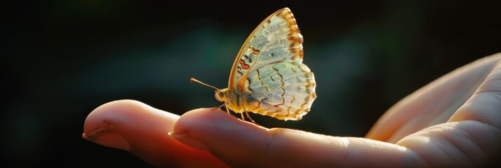 Delicate Butterfly Perched on Fingertip in Warm Sunlight