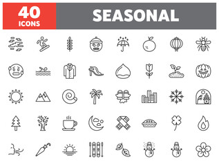 Set of 40 line icons seasonal. Outline icon collection. Editable stroke. Vector illustration.