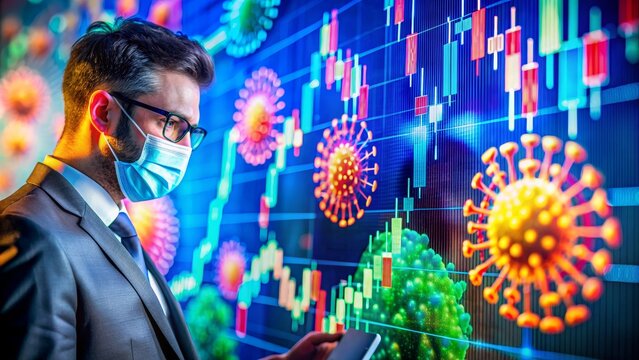 Businessman in Face Mask Analyzing Stock Market Charts with Coronavirus Models