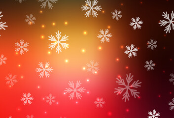 Dark Red, Yellow vector layout with bright snowflakes, stars.