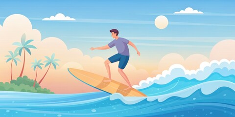 Cartoon Surfer Riding a Wave in Tropical Paradise