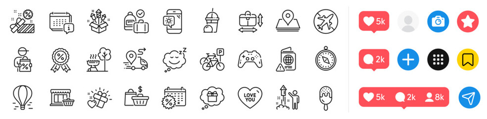 Gamepad, Marketplace and Delivery line icons pack. Social media icons. Pin, Delivery discount, Weather phone web icon. Gift dream, Discount medal, Sleep pictogram. Vector