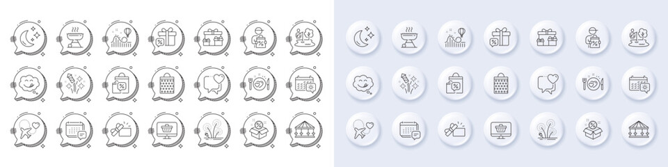 Roller coaster, Carousels and Shopping bag line icons. White pin 3d buttons, chat bubbles icons. Pack of Opened gift, Grill, Honeymoon travel icon. Vector