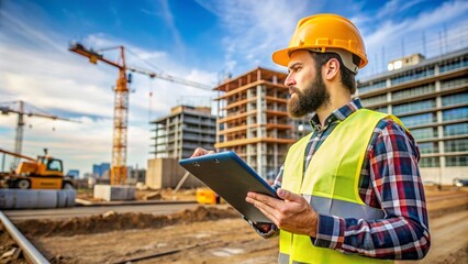 Construction Worker Using Tablet on Construction Site
