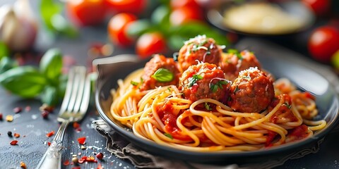 Spaghetti with meatballs and red sauce piled high freshly cooked and delicious. Concept Italian cuisine, Spaghetti, Meatballs, Red sauce, Delicious