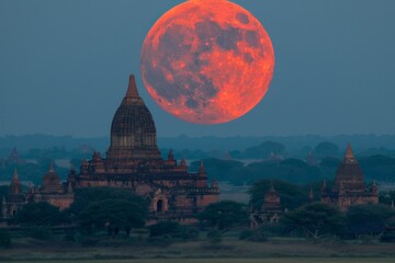 Obraz premium Majestic Temple Silhouette Under a Blood Moon