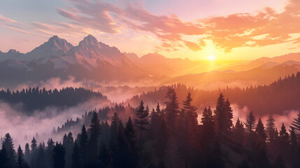 Obraz premium Nature forest Natural pine forest mountains horizon. Landscape wallpaper. Sunrise and sunset. Colorful view background.