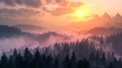 Obraz premium Nature forest Natural pine forest mountains horizon. Landscape wallpaper. Sunrise and sunset. Colorful view background.