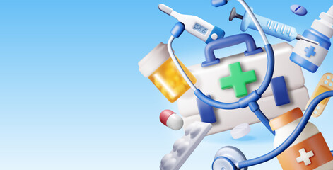 3d medicine icon set isolated. Render medical collection. Spray, pills, first aid kit, thermometer, syringe, heartrate, stethoscope. Healthcare hospital and medical diagnostics. Vector illustration