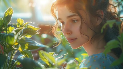 Fototapeta premium young woman pruning her plants in a garden