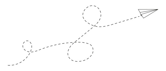 Handmade paper plane with trace dashed line. Travel, journey or vacation concept. Message or letter symbol. Delivery or destination sign isolted on white background. Vector outline illustration.