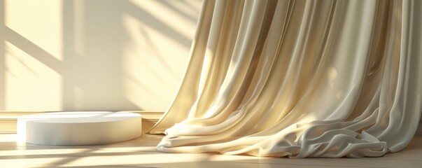 Elegant beige curtain with sunlight and round podium, minimalistic interior design concept