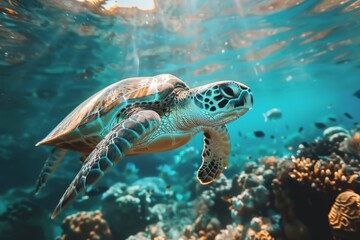 Fototapeta premium Sea Turtle Gliding Underwater