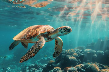 Fototapeta premium Sea Turtle in Vibrant Coral Reef
