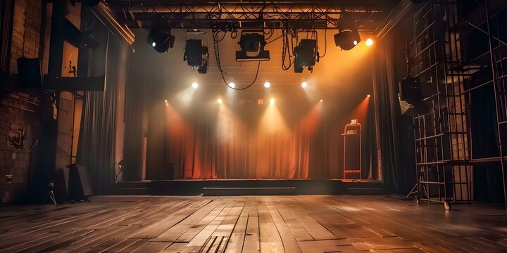 Live theater production with stage rigging lighting and sound equipment in venue. Concept Theater Production, Stage Rigging, Lighting Equipment, Sound System, Venue Selection