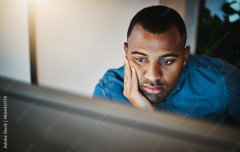 Fototapete Businessman, burnout and tired with computer in office, problem solving and solution with decision at night. Working late, web designer and monitor for programme, website idea and fatigue of employee