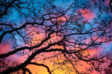 Silhouetted Tree Branches Against Vibrant Sunset Sky