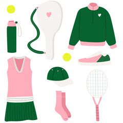 Set of sports equipment and elements for tennis. Collection of tennis clothes, racket, sportswear, ball,  shoes, polo shirt, shorts, t-shirt, bags.