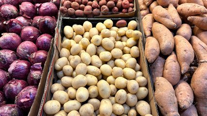 fresh vegetables at a market includes purple onions, red potatoes, white potatoes, and sweet potatoes arranged in separate sections
