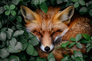 Naklejka premium Sleeping Fox in Lush Green Foliage