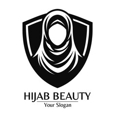 Professional hijab beauty logo in brown monochrome featuring a woman's profile in a shield perfect for branding