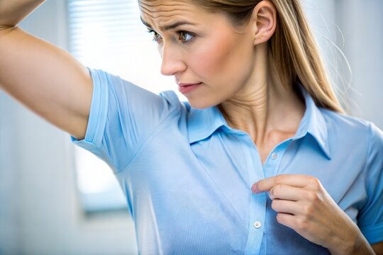 The woman is sweating, upset, raises her hand and shows a sweat stain under the arm of her T-shirt.